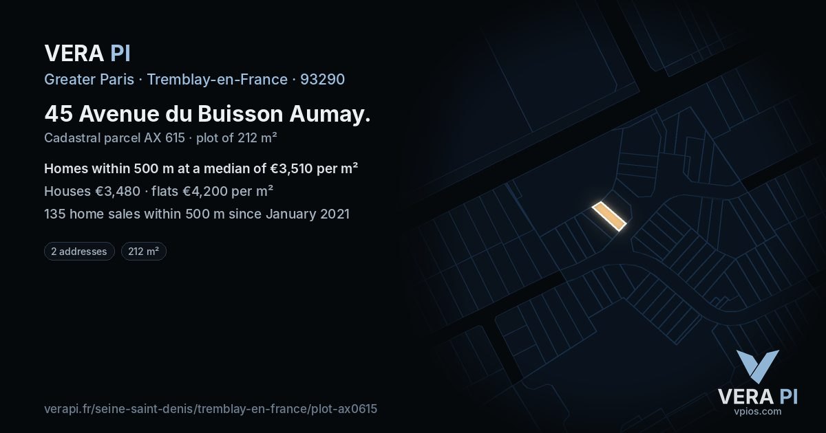 45 Avenue du Buisson Aumay, Tremblay-en-France at night – the plot lit, the parcels around coloured by the prices near them