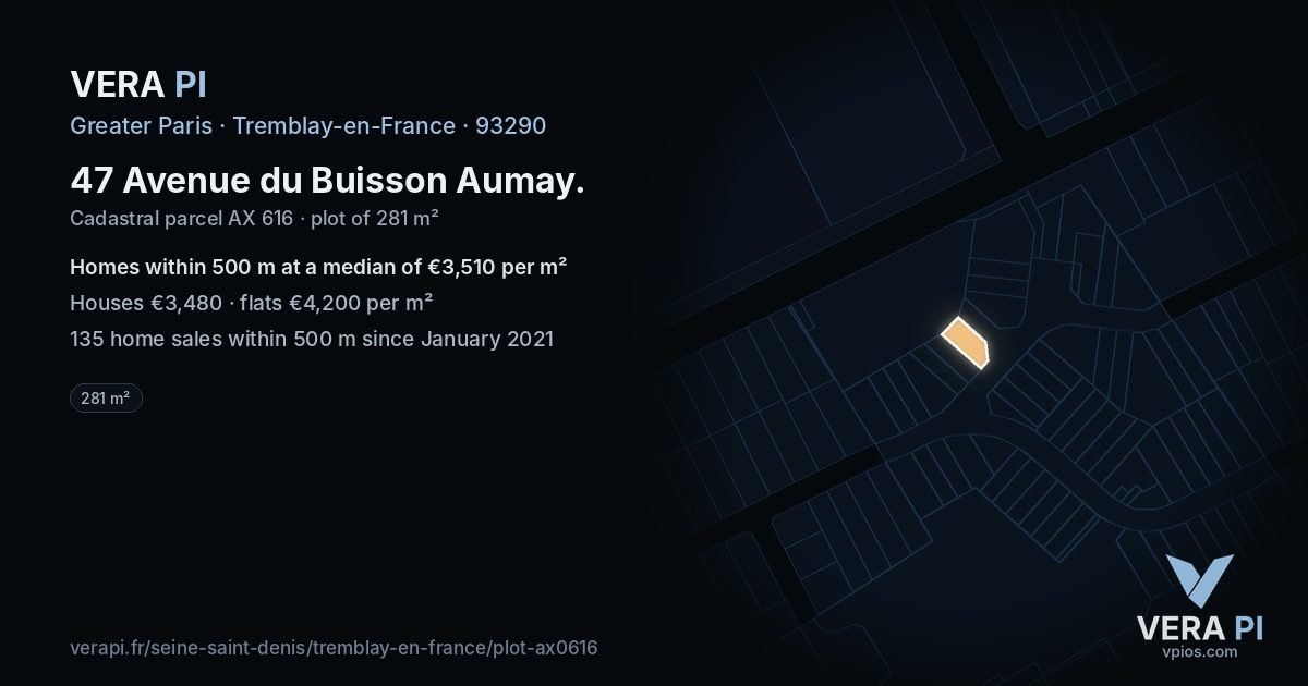 47 Avenue du Buisson Aumay, Tremblay-en-France at night – the plot lit, the parcels around coloured by the prices near them