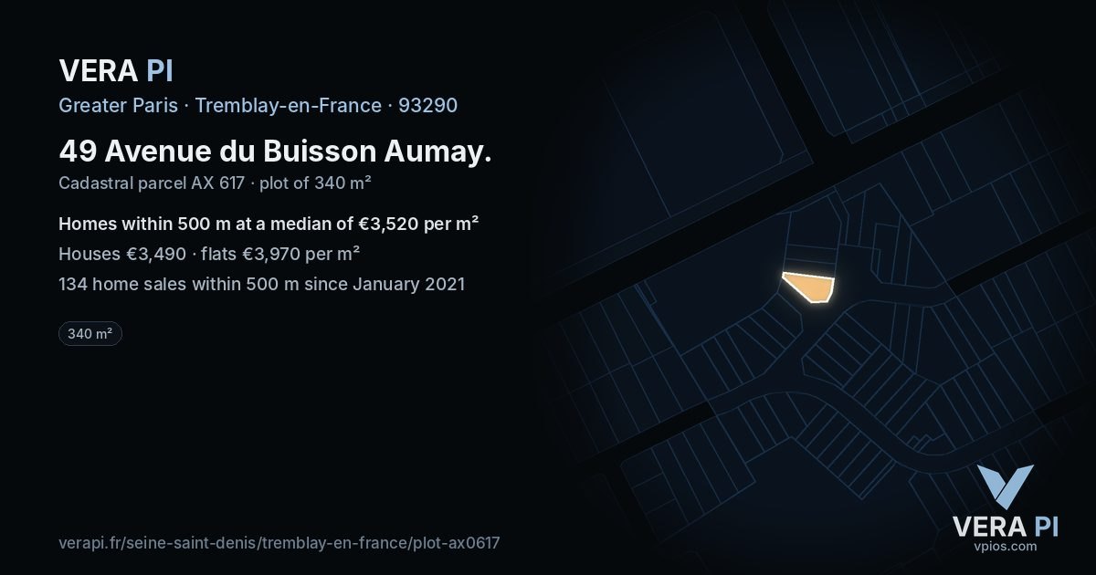 49 Avenue du Buisson Aumay, Tremblay-en-France at night – the plot lit, the parcels around coloured by the prices near them
