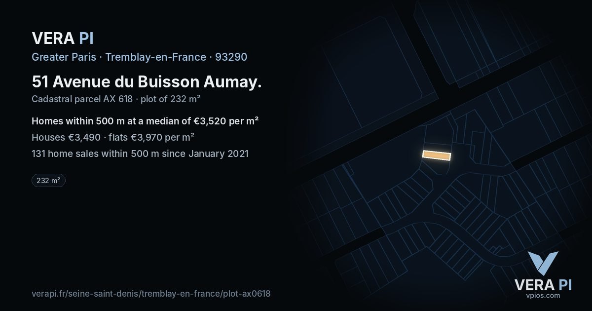 51 Avenue du Buisson Aumay, Tremblay-en-France at night – the plot lit, the parcels around coloured by the prices near them