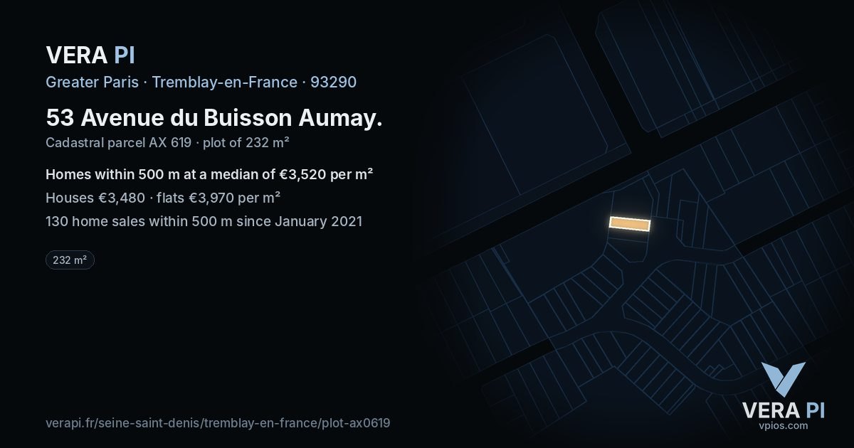 53 Avenue du Buisson Aumay, Tremblay-en-France at night – the plot lit, the parcels around coloured by the prices near them