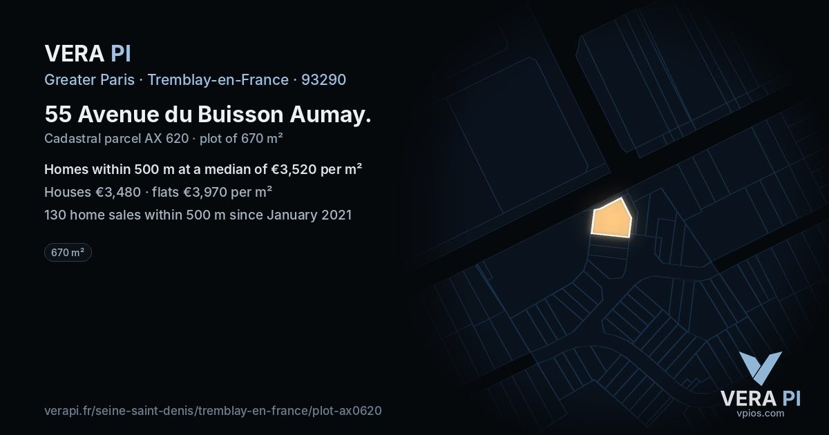 55 Avenue du Buisson Aumay, Tremblay-en-France at night – the plot lit, the parcels around coloured by the prices near them