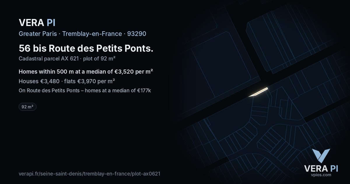 56 bis Route des Petits Ponts, Tremblay-en-France at night – the plot lit, the parcels around coloured by the prices near them