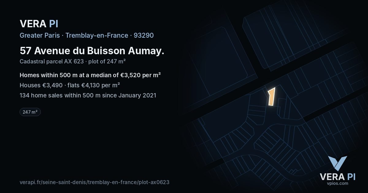 57 Avenue du Buisson Aumay, Tremblay-en-France at night – the plot lit, the parcels around coloured by the prices near them