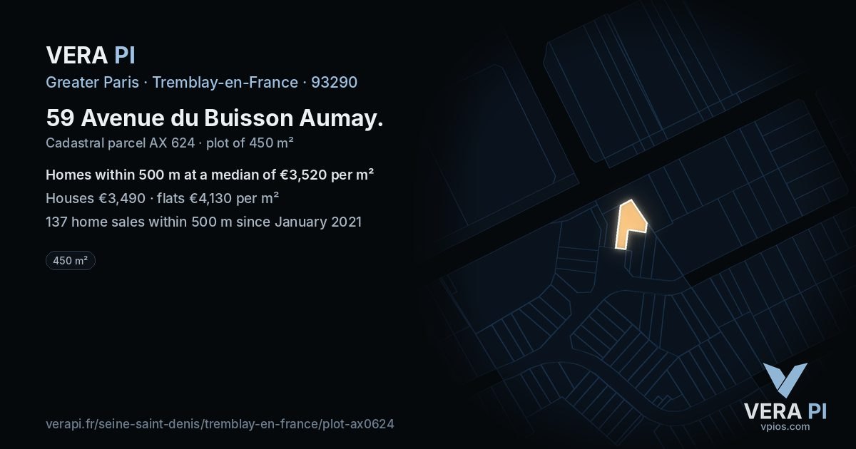 59 Avenue du Buisson Aumay, Tremblay-en-France at night – the plot lit, the parcels around coloured by the prices near them
