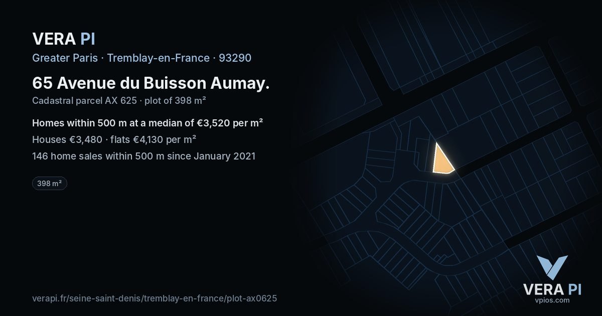 65 Avenue du Buisson Aumay, Tremblay-en-France at night – the plot lit, the parcels around coloured by the prices near them