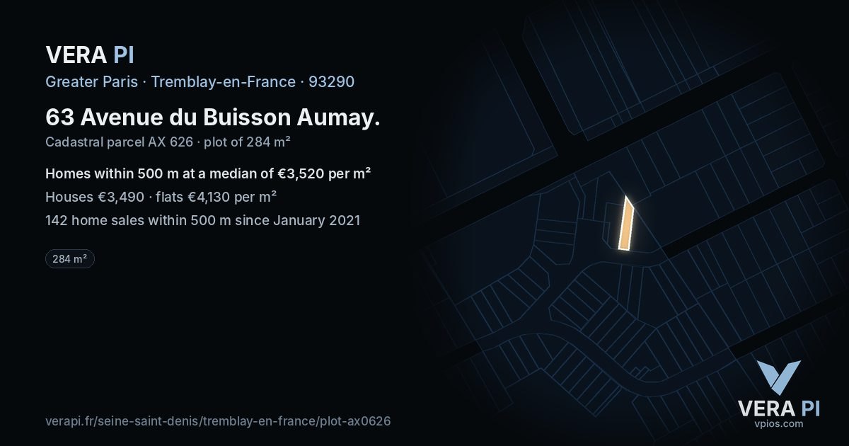 63 Avenue du Buisson Aumay, Tremblay-en-France at night – the plot lit, the parcels around coloured by the prices near them