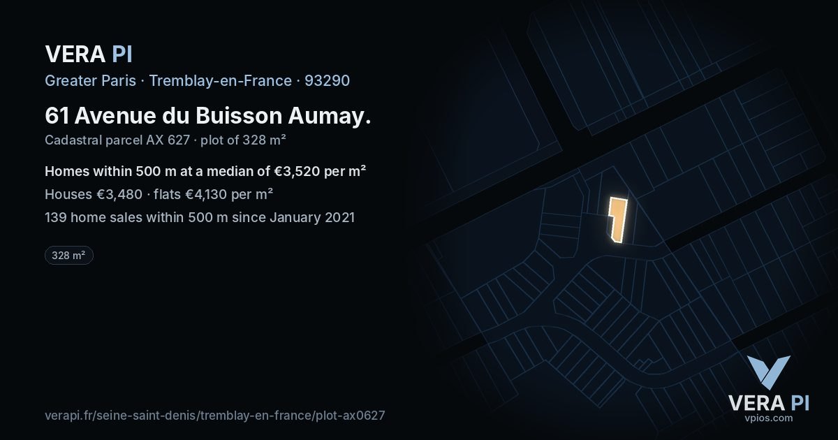 61 Avenue du Buisson Aumay, Tremblay-en-France at night – the plot lit, the parcels around coloured by the prices near them