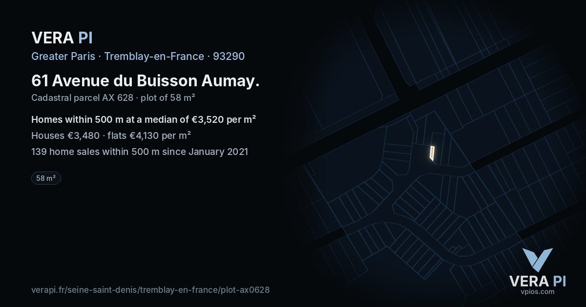 61 Avenue du Buisson Aumay, Tremblay-en-France at night – the plot lit, the parcels around coloured by the prices near them