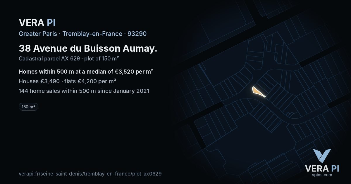 38 Avenue du Buisson Aumay, Tremblay-en-France at night – the plot lit, the parcels around coloured by the prices near them