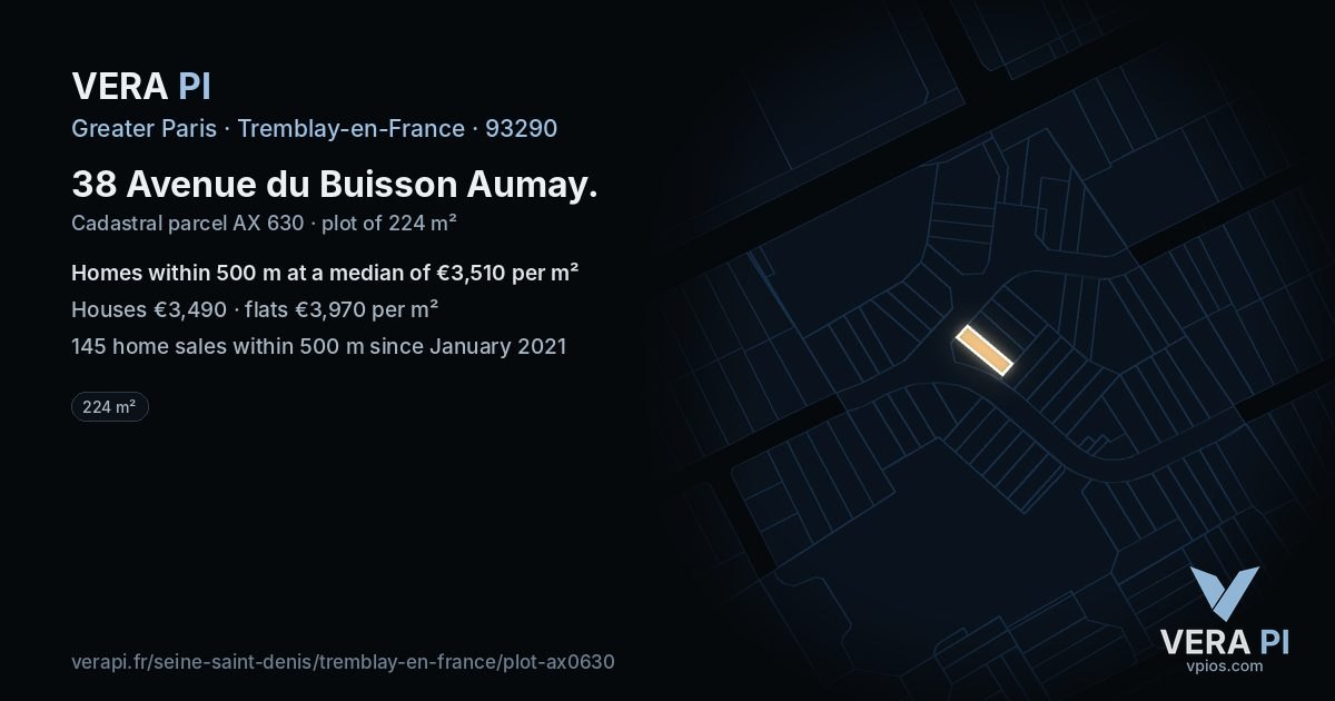 38 Avenue du Buisson Aumay, Tremblay-en-France at night – the plot lit, the parcels around coloured by the prices near them