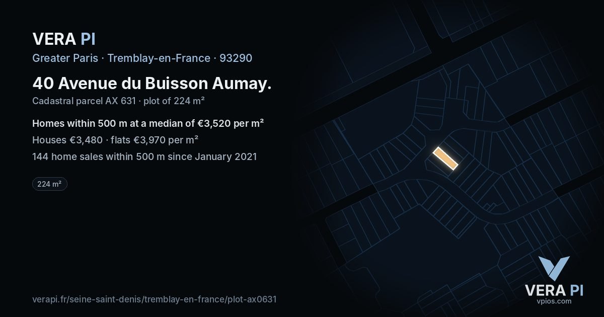 40 Avenue du Buisson Aumay, Tremblay-en-France at night – the plot lit, the parcels around coloured by the prices near them