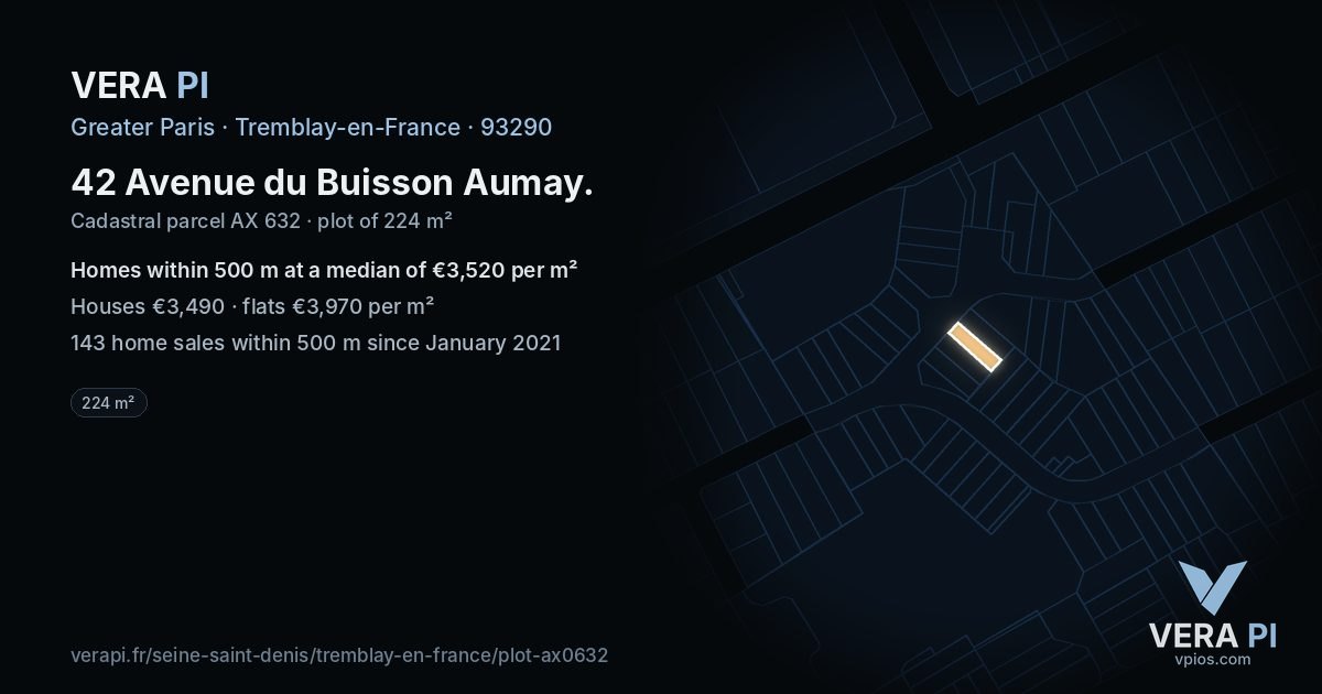 42 Avenue du Buisson Aumay, Tremblay-en-France at night – the plot lit, the parcels around coloured by the prices near them