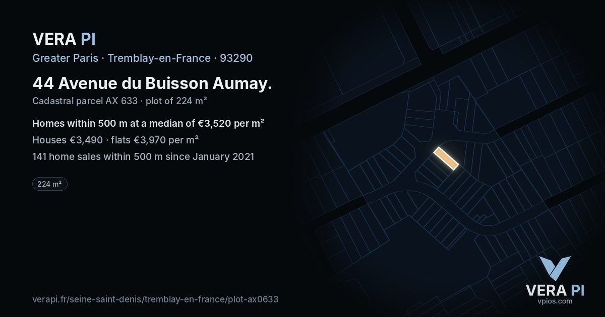 44 Avenue du Buisson Aumay, Tremblay-en-France at night – the plot lit, the parcels around coloured by the prices near them