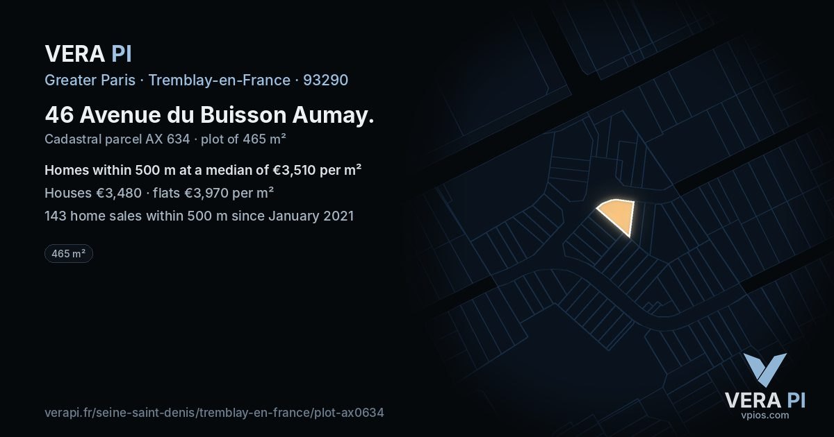 46 Avenue du Buisson Aumay, Tremblay-en-France at night – the plot lit, the parcels around coloured by the prices near them