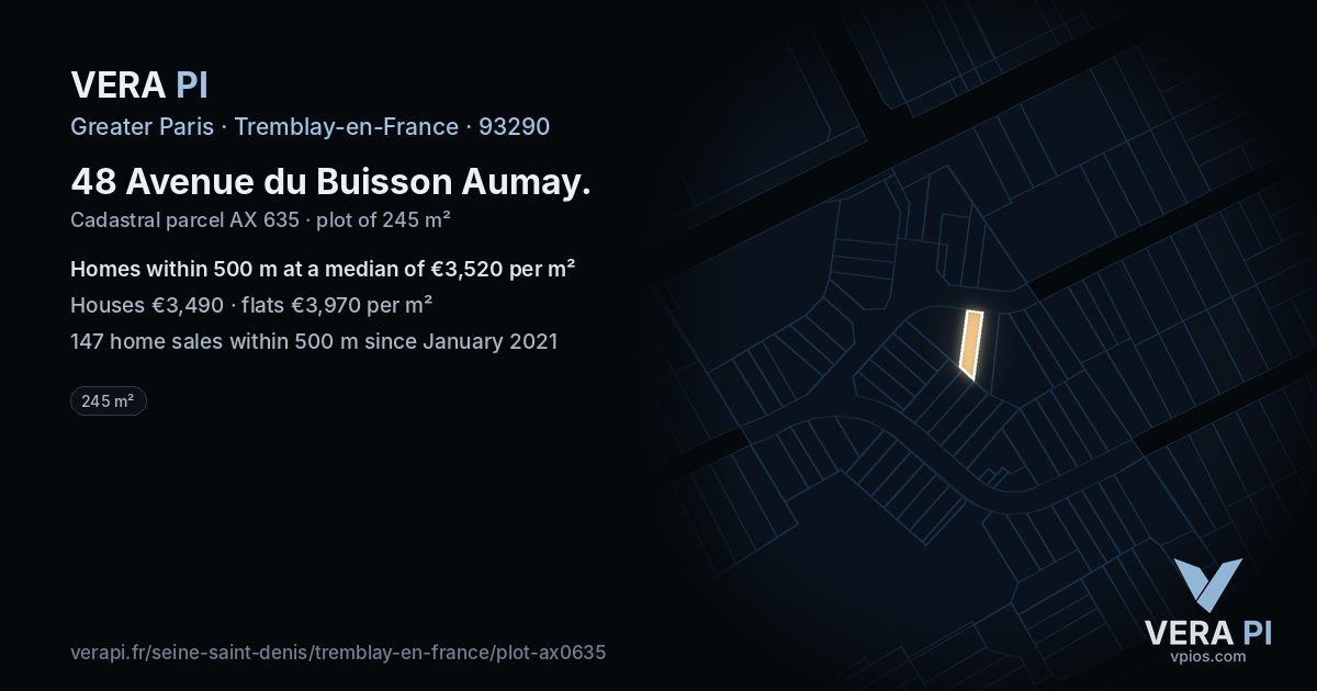 48 Avenue du Buisson Aumay, Tremblay-en-France at night – the plot lit, the parcels around coloured by the prices near them