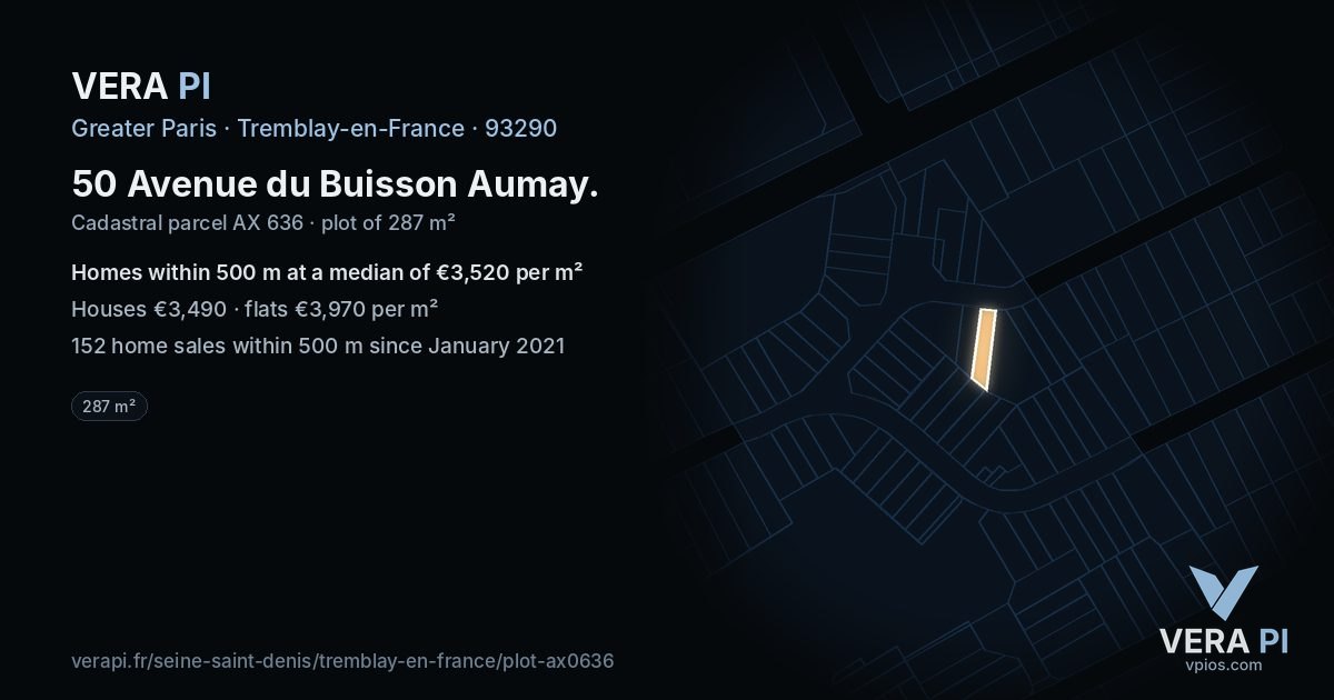50 Avenue du Buisson Aumay, Tremblay-en-France at night – the plot lit, the parcels around coloured by the prices near them