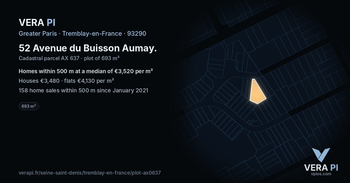 52 Avenue du Buisson Aumay, Tremblay-en-France at night – the plot lit, the parcels around coloured by the prices near them