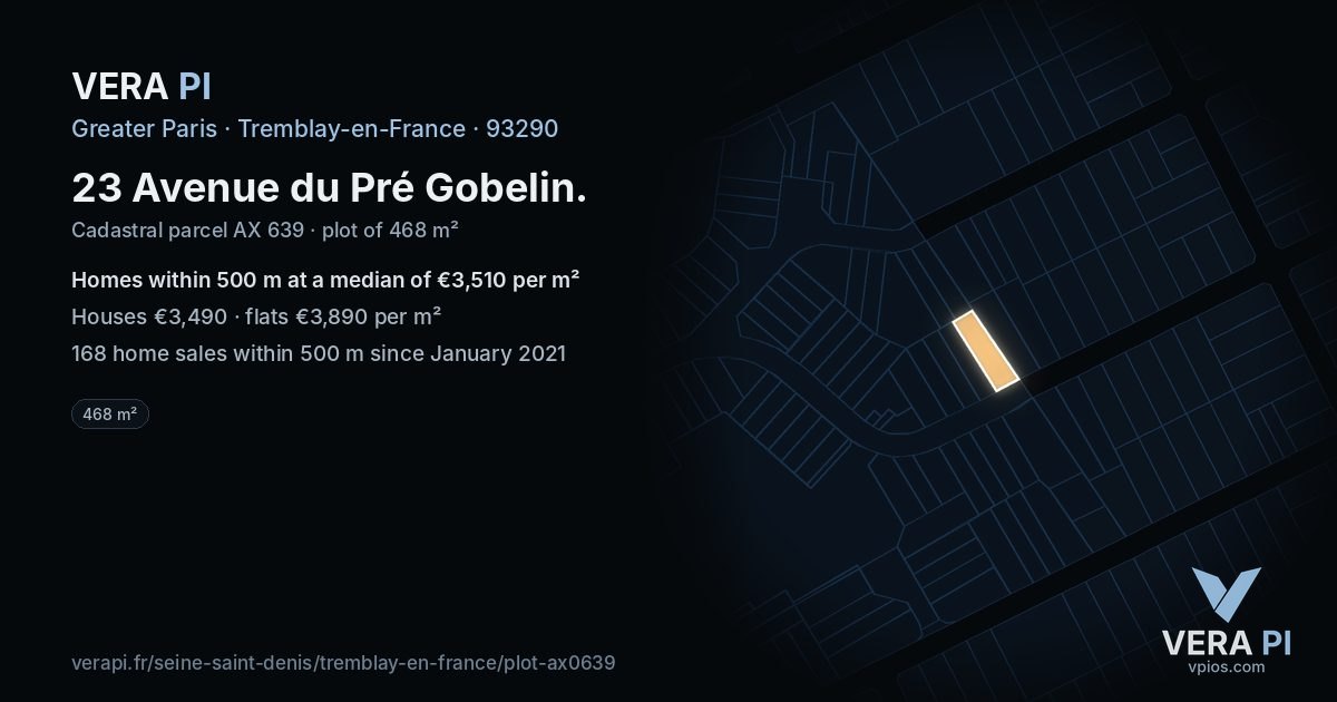 23 Avenue du Pré Gobelin, Tremblay-en-France at night – the plot lit, the parcels around coloured by the prices near them