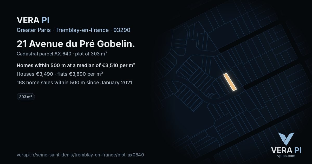21 Avenue du Pré Gobelin, Tremblay-en-France at night – the plot lit, the parcels around coloured by the prices near them