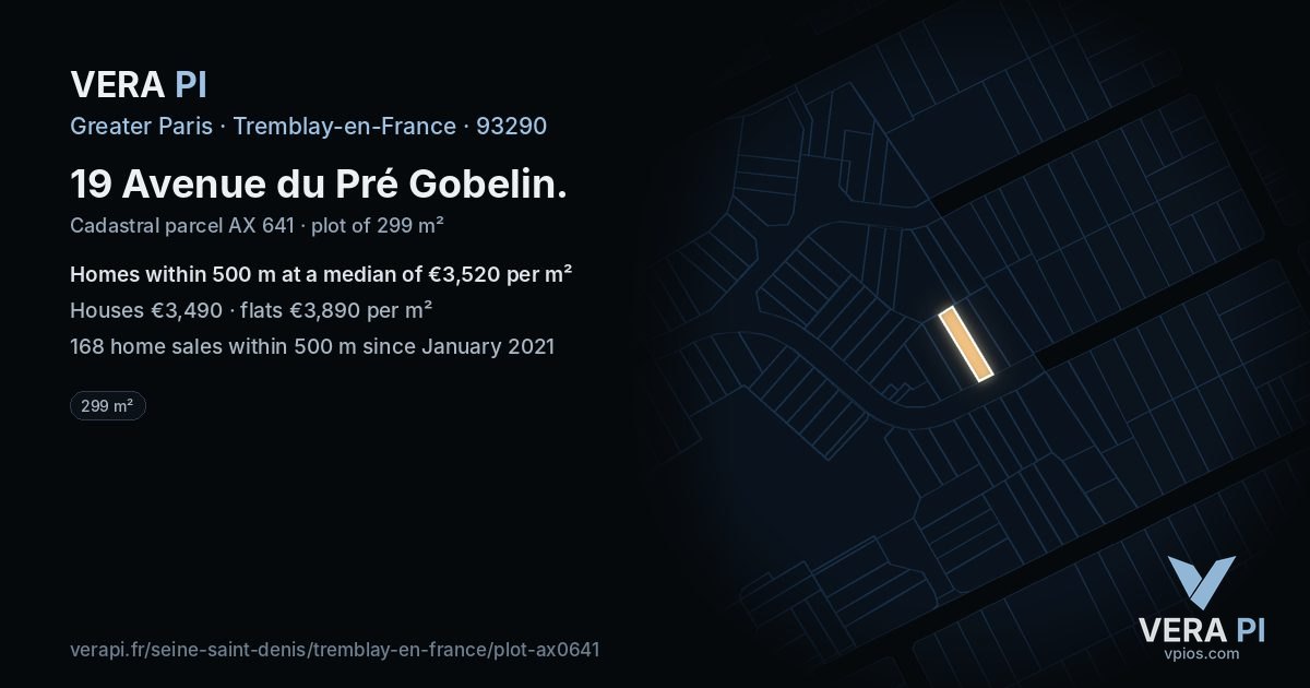 19 Avenue du Pré Gobelin, Tremblay-en-France at night – the plot lit, the parcels around coloured by the prices near them