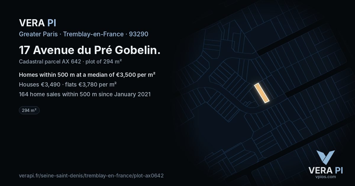 17 Avenue du Pré Gobelin, Tremblay-en-France at night – the plot lit, the parcels around coloured by the prices near them