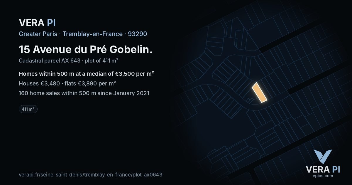 15 Avenue du Pré Gobelin, Tremblay-en-France at night – the plot lit, the parcels around coloured by the prices near them