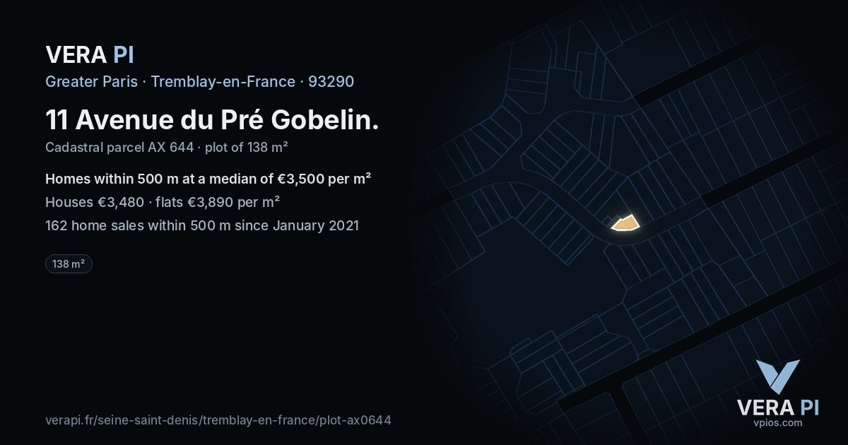 11 Avenue du Pré Gobelin, Tremblay-en-France at night – the plot lit, the parcels around coloured by the prices near them