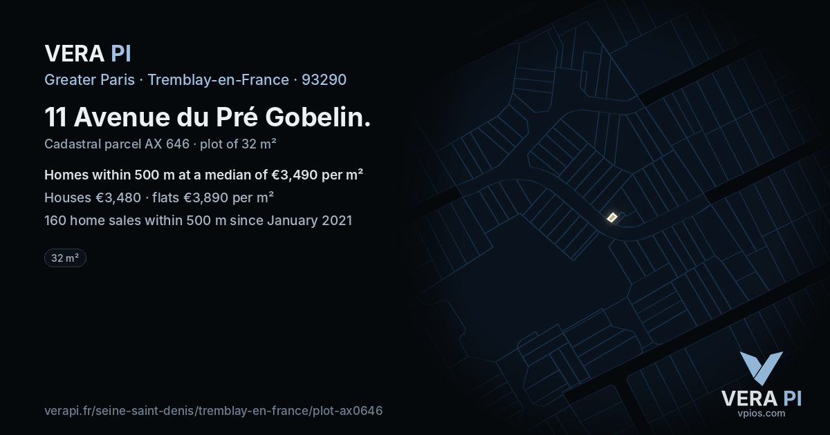 11 Avenue du Pré Gobelin, Tremblay-en-France at night – the plot lit, the parcels around coloured by the prices near them