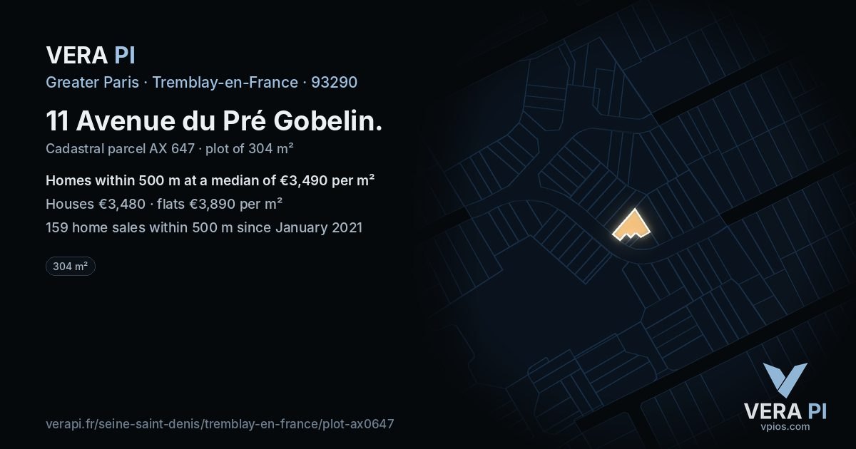 11 Avenue du Pré Gobelin, Tremblay-en-France at night – the plot lit, the parcels around coloured by the prices near them