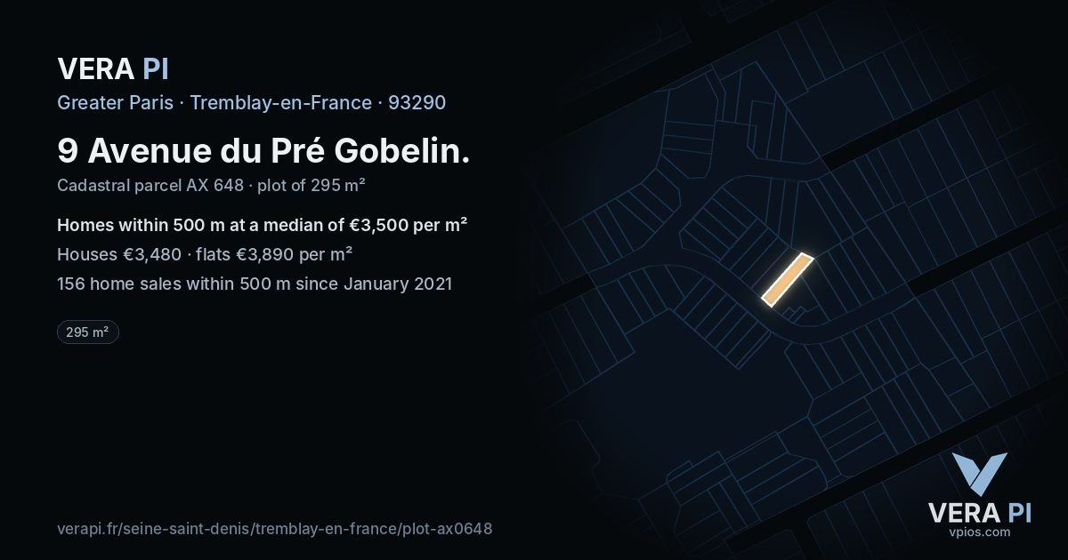 9 Avenue du Pré Gobelin, Tremblay-en-France at night – the plot lit, the parcels around coloured by the prices near them