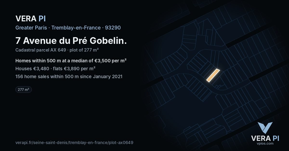7 Avenue du Pré Gobelin, Tremblay-en-France at night – the plot lit, the parcels around coloured by the prices near them
