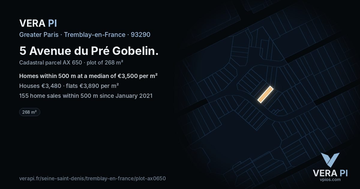 5 Avenue du Pré Gobelin, Tremblay-en-France at night – the plot lit, the parcels around coloured by the prices near them