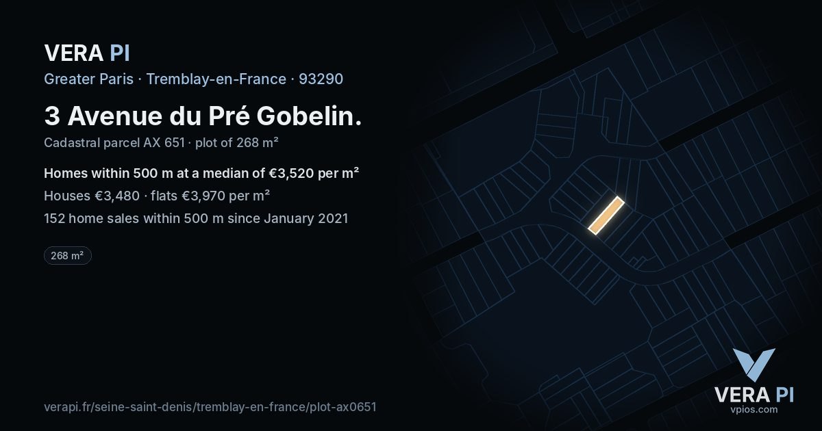 3 Avenue du Pré Gobelin, Tremblay-en-France at night – the plot lit, the parcels around coloured by the prices near them