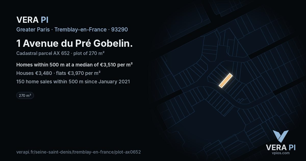 1 Avenue du Pré Gobelin, Tremblay-en-France at night – the plot lit, the parcels around coloured by the prices near them