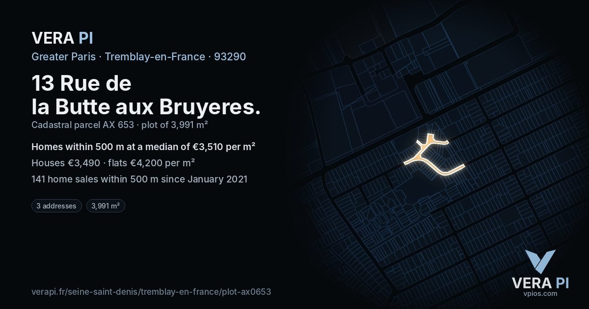 13 Rue de la Butte aux Bruyeres, Tremblay-en-France at night – the plot lit, the parcels around coloured by the prices near them