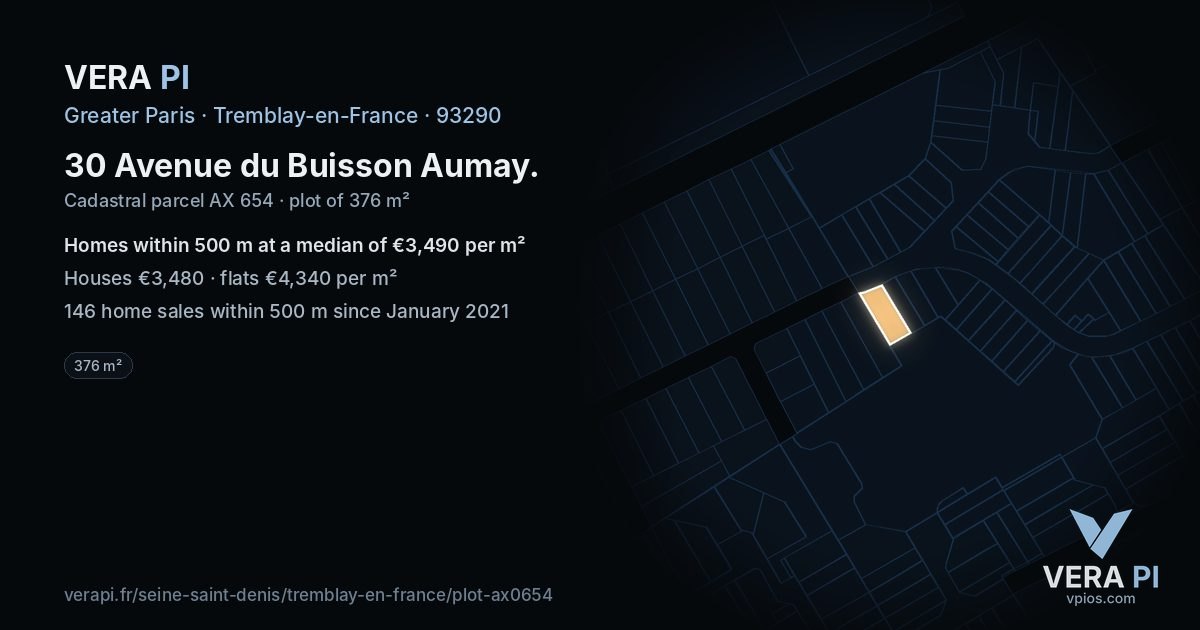 30 Avenue du Buisson Aumay, Tremblay-en-France at night – the plot lit, the parcels around coloured by the prices near them