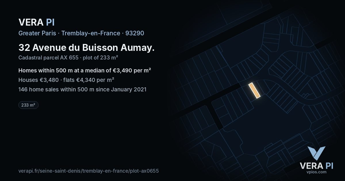32 Avenue du Buisson Aumay, Tremblay-en-France at night – the plot lit, the parcels around coloured by the prices near them