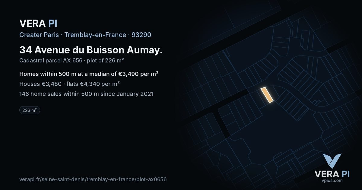 34 Avenue du Buisson Aumay, Tremblay-en-France at night – the plot lit, the parcels around coloured by the prices near them