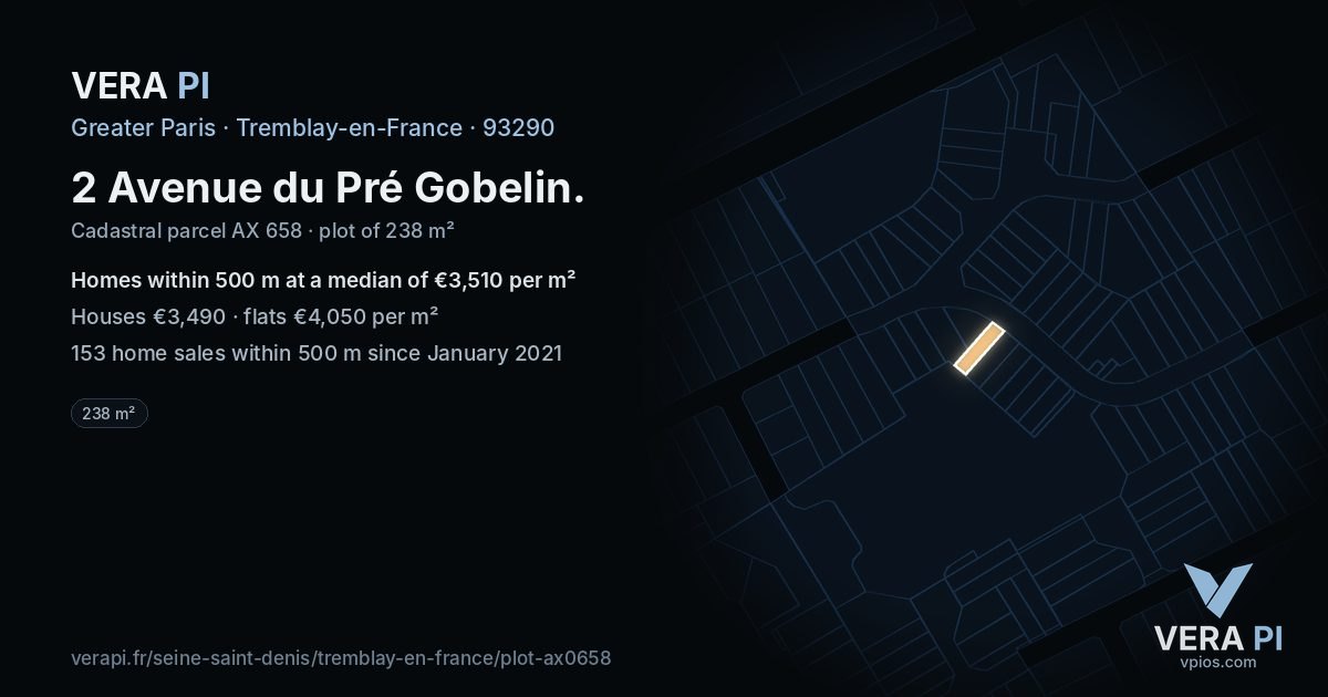 2 Avenue du Pré Gobelin, Tremblay-en-France at night – the plot lit, the parcels around coloured by the prices near them