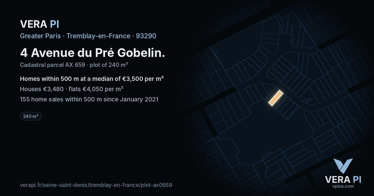 4 Avenue du Pré Gobelin, Tremblay-en-France at night – the plot lit, the parcels around coloured by the prices near them
