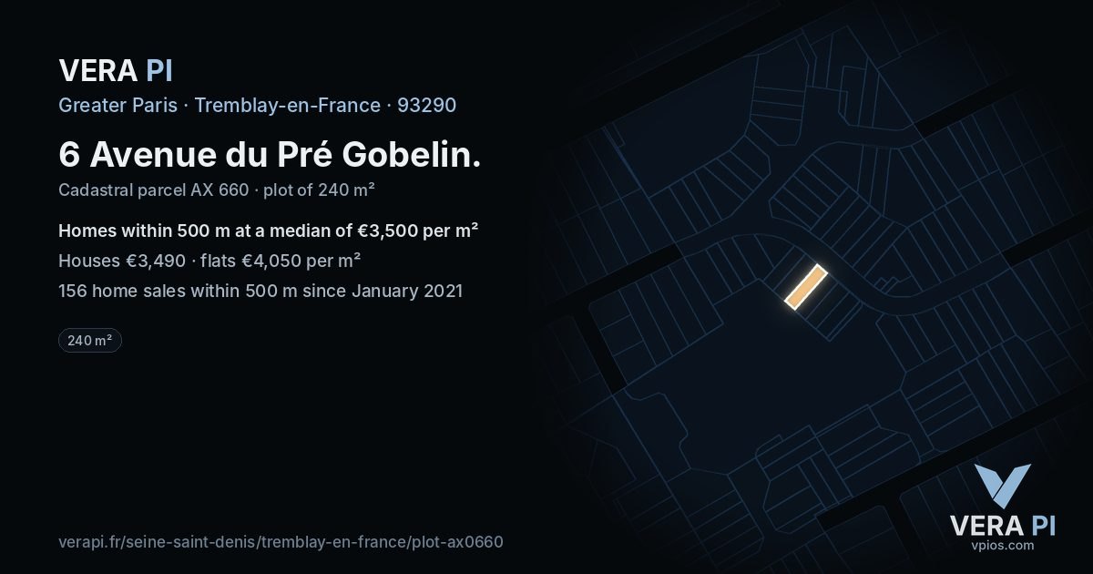 6 Avenue du Pré Gobelin, Tremblay-en-France at night – the plot lit, the parcels around coloured by the prices near them