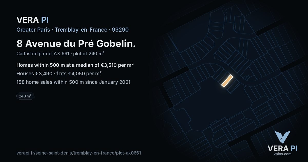 8 Avenue du Pré Gobelin, Tremblay-en-France at night – the plot lit, the parcels around coloured by the prices near them