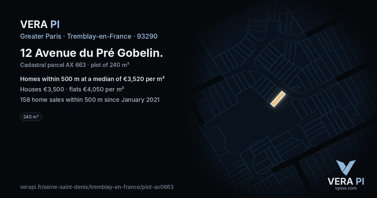 12 Avenue du Pré Gobelin, Tremblay-en-France at night – the plot lit, the parcels around coloured by the prices near them
