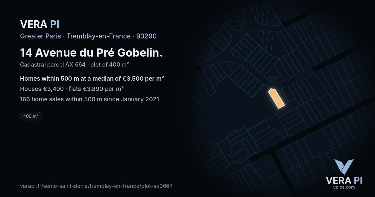 14 Avenue du Pré Gobelin, Tremblay-en-France at night – the plot lit, the parcels around coloured by the prices near them