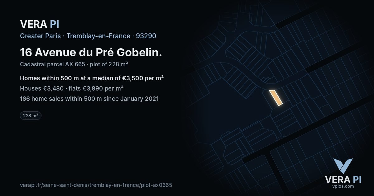 16 Avenue du Pré Gobelin, Tremblay-en-France at night – the plot lit, the parcels around coloured by the prices near them