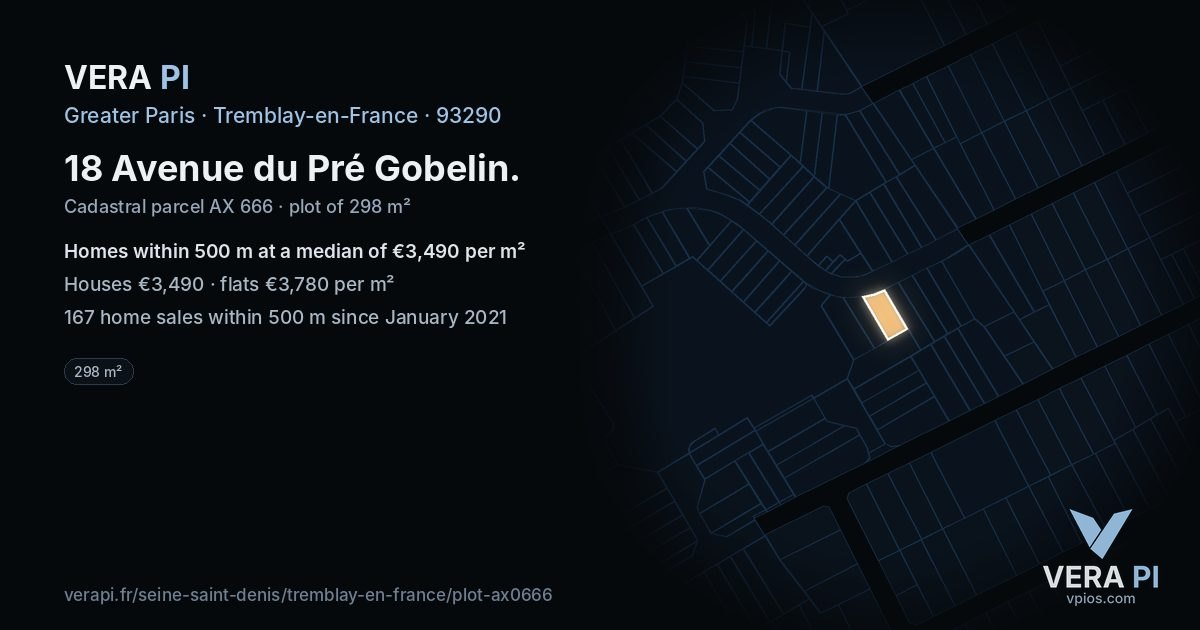 18 Avenue du Pré Gobelin, Tremblay-en-France at night – the plot lit, the parcels around coloured by the prices near them