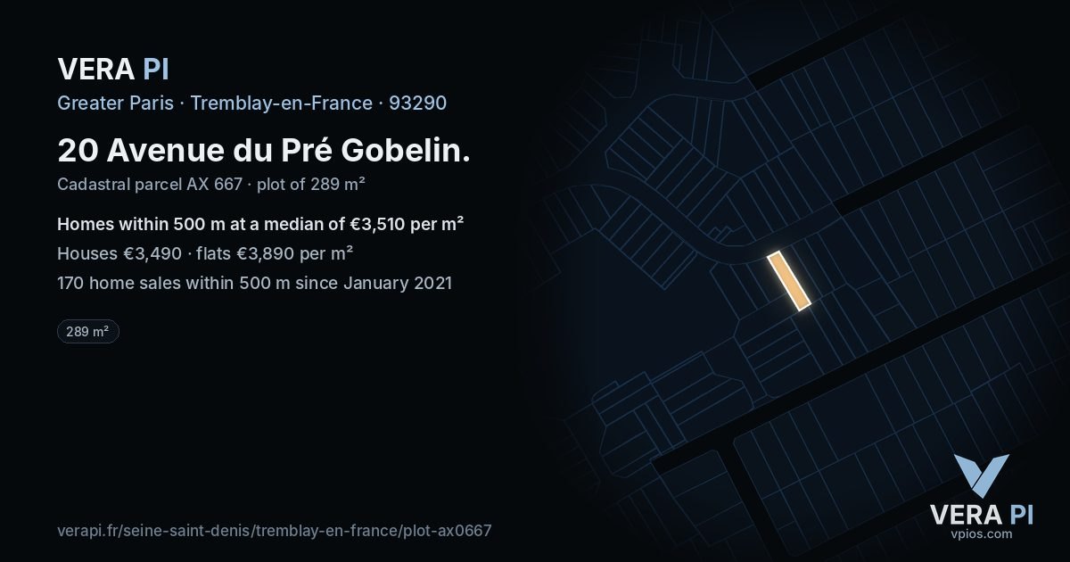 20 Avenue du Pré Gobelin, Tremblay-en-France at night – the plot lit, the parcels around coloured by the prices near them