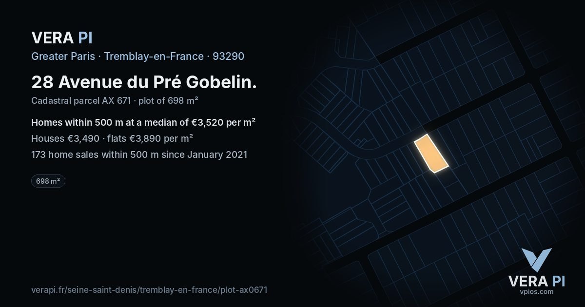 28 Avenue du Pré Gobelin, Tremblay-en-France at night – the plot lit, the parcels around coloured by the prices near them