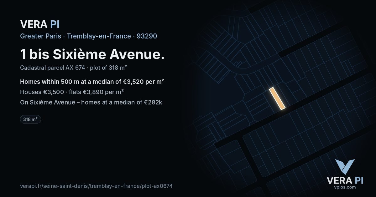 1 bis Sixième Avenue, Tremblay-en-France at night – the plot lit, the parcels around coloured by the prices near them